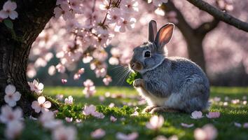Rabbit Eating Clover in a Blooming Spring Orchard on Green Grass photo