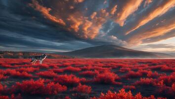 Wolf Standing in Vibrant Red Field Under Dramatic Cloudy Sky Landscape photo