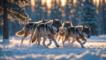 Pack of Wolves Running Through a Snowy Winter Forest Landscape photo