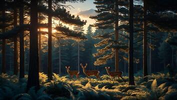 Deer Walking Through Forest at Sunset with Ferns and Trees photo