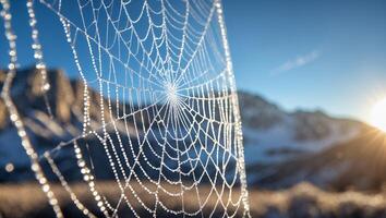 Spiderweb Glistens with Dew Drops in the Mountain Sunrise Light photo