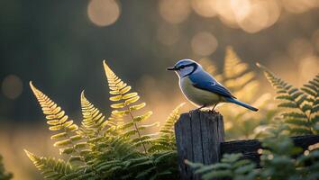Small Blue Bird Perched on Fence Post with Soft Golden Light photo