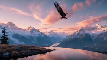 Eagle Soaring Over Mountain Lake with Snowy Peaks at Sunset photo