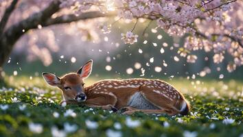 Resting Fawn in Meadow with Blossoms and Sunlight Dappling Through photo
