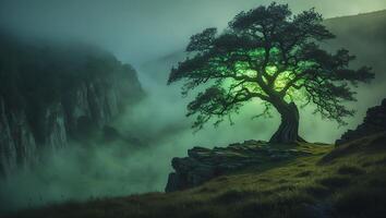 Majestic Tree on Cliffside Overlooking Foggy Valley Landscape Scenery photo