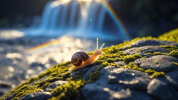 Snail Climbing Mossy Rock Near Waterfall with Rainbow in Background photo