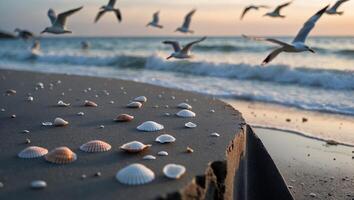 Seagulls Flying Over Seashell Covered Sand at Beach During Sunset photo