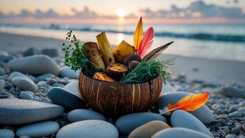 Coconut Bowl Display on Pebble Beach at Sunset with Decorative Feathers photo