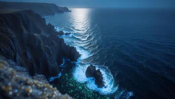 Ocean Waves Crashing on Rocky Coastline at Night with Moonlight photo