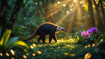 Animal Walking in Sunlit Jungle with Purple Flowers photo