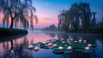 Water Lilies Floating on a Calm Lake at Sunrise with Mist photo