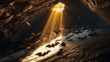 Bats Flying Out of Cave Opening with Sunlight Streaming Through photo