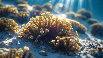 Underwater Sea Anemone Garden with Sunlight and Sandy Seabed photo