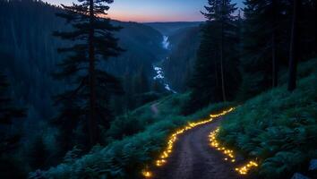 Walking Path Lit by Lights in Dark Forest with River View photo