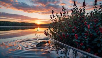 Fish Jumping in Lake at Sunset with Ripples and Berries photo