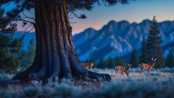 Deer Grazing Near Large Tree with Mountain Backdrop at Twilight photo