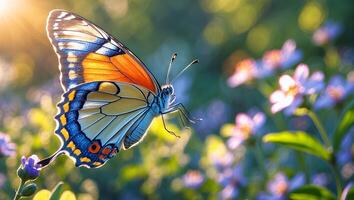 Butterfly Flying Near Flower in a Sunny Field with Soft Lighting photo
