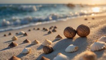 Seashells and Sea Beans on a Sandy Beach at Sunset photo