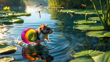 Hamster Running on Water with Colorful Wheel in Pond Landscape photo