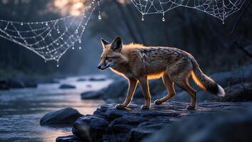 Fox Walking on Rocks by River with Dew Covered Spiderwebs photo