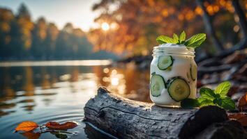 Cucumber Yogurt Drink by Lakeside in Autumn with Sunlight Reflection photo