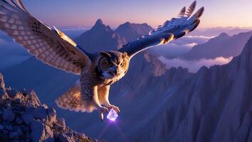 Owl Flying Over Mountains Carrying a Shining Crystal at Dawn photo