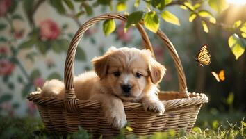 Cute Puppy Relaxing in Wicker Basket with Butterflies in Garden photo