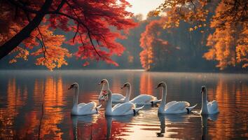 Swans Swimming on Lake in Autumn Reflecting Colorful Fall Foliage photo