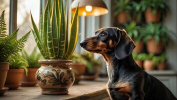 Dog Sitting Near Window with Plants and Warm Indoor Lighting photo