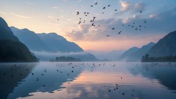 Birds Flying Over Calm Lake at Sunrise with Mountain Reflections photo
