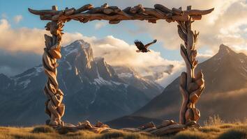 Eagle Flying Through Wooden Frame with Mountain Backdrop at Sunset photo