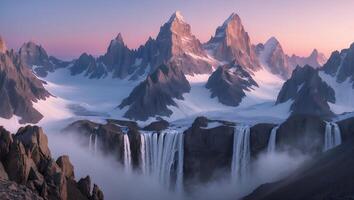 Cascading Waterfalls and Snowy Mountain Peaks Under a Soft Sunrise Sky photo