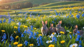 Rabbits in Wildflower Meadow with Bluebells and Flying Insects photo