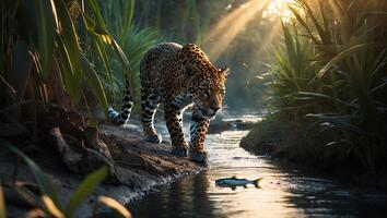 Jaguar Walking Near Water Stream in Lush Tropical Environment Sunlight photo