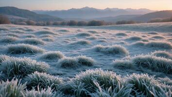 Icy Field with Distant Mountains Landscape in a Cold Morning photo