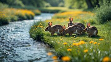 Group of Rabbits Grazing by Stream with Yellow Flowers in Meadow photo