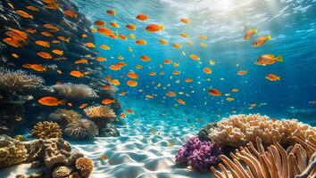 Swimming Orange Fish in Colorful Coral Reef with Sandy Seabed photo