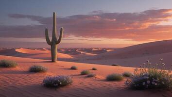 Cactus Stands Tall in Desert Landscape at Sunset with Soft Light photo