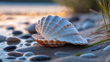 Seashell Resting on Sandy Beach Shoreline with Gentle Water photo