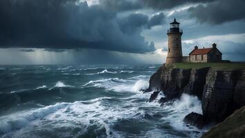 Lighthouse on Cliff Overlooking Stormy Sea with Approaching Dark Clouds photo