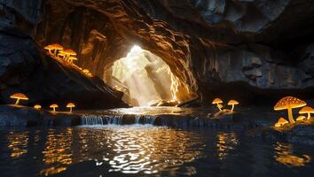 Cave Water Reflections and Luminous Mushrooms Glowing Near Forest Light photo