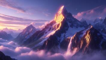 Majestic Mountain Peak Shines Above Cloudscape in Golden Hour Light photo