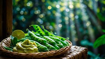 Fresh Green Peas and Dip on Wicker Plate with Bokeh Background photo