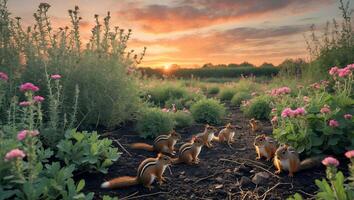 Group of Chipmunks Foraging in a Flower Garden at Sunset photo