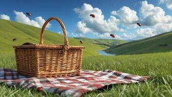 Picnic Basket on Blanket with Ladybugs in Green Meadow Scenery photo
