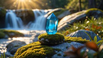 Blue Crystal on Mossy Rock with Waterfall in Nature Background photo