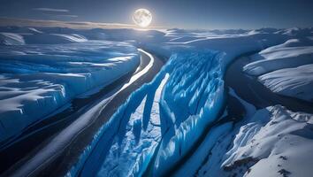 Glacier Landscape Under Full Moon with Snowy Fields and Frozen Water photo