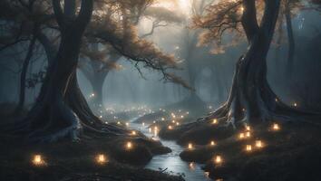 Illuminated Forest Stream with Glowing Lanterns Creates a Magical Mood photo