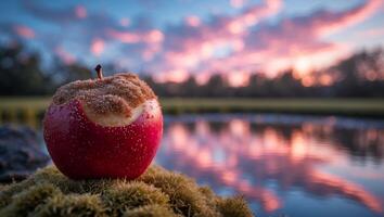 Apple with Filling on Moss at Sunset Reflecting on Water photo