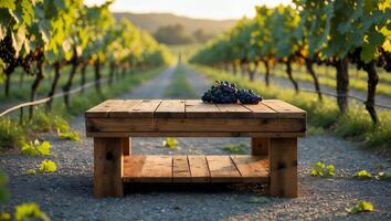 Grapes on Wooden Table in Vineyard at Sunset with Warm Light photo